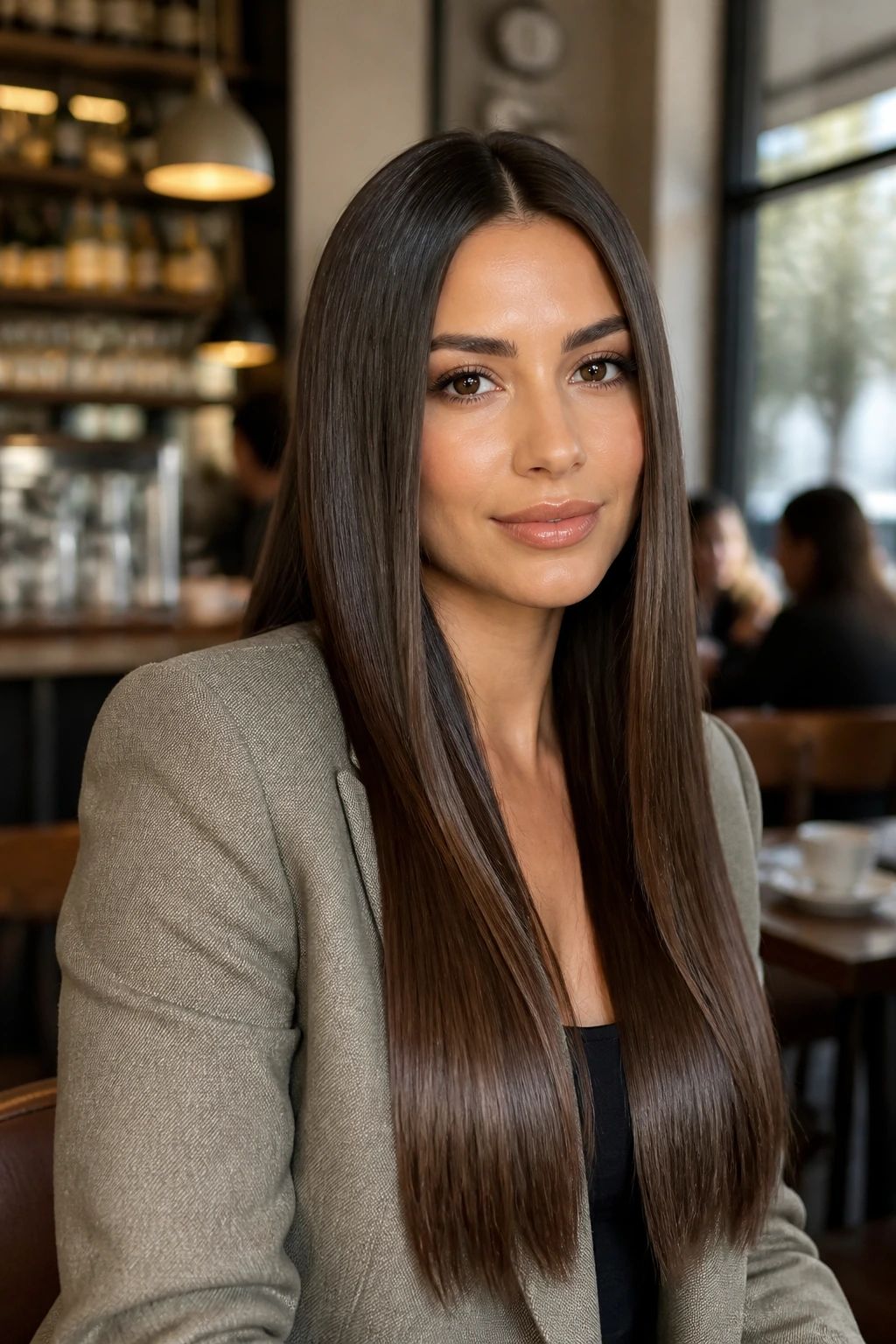 Portrait of a real person with long straight hair and center part wearing a blazer in a cafe setting