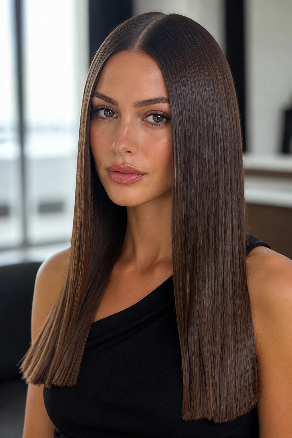 Portrait of a person with a blunt-edged long straight hairstyle.