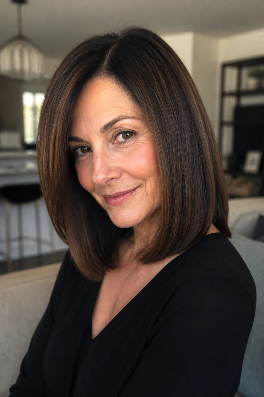 Real woman with sleek shoulder-length hair and invisible layers