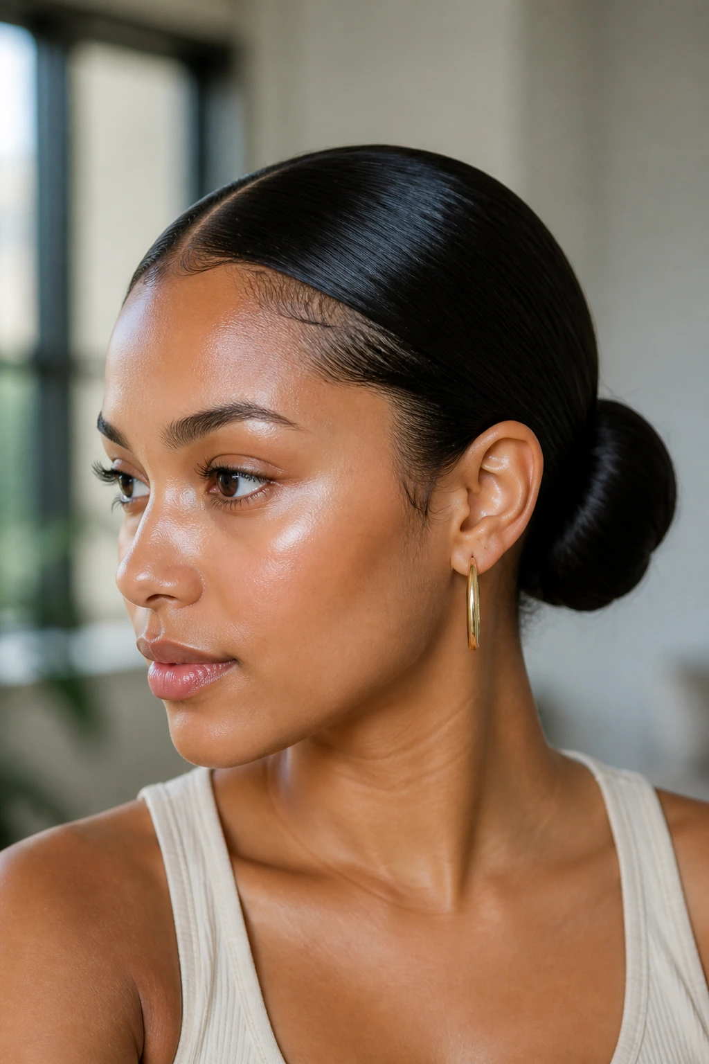 Close-up portrait of a real woman with a sleek hairline and low bun