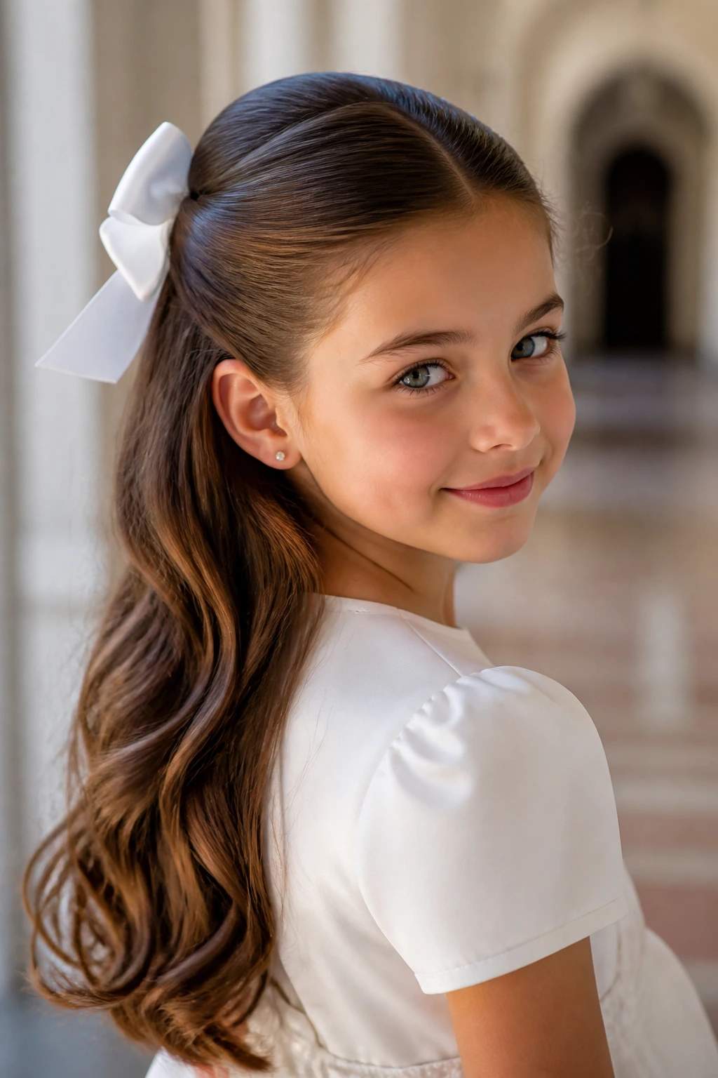 Close-up of sleek half-up hairstyle with satin bow on a real girl