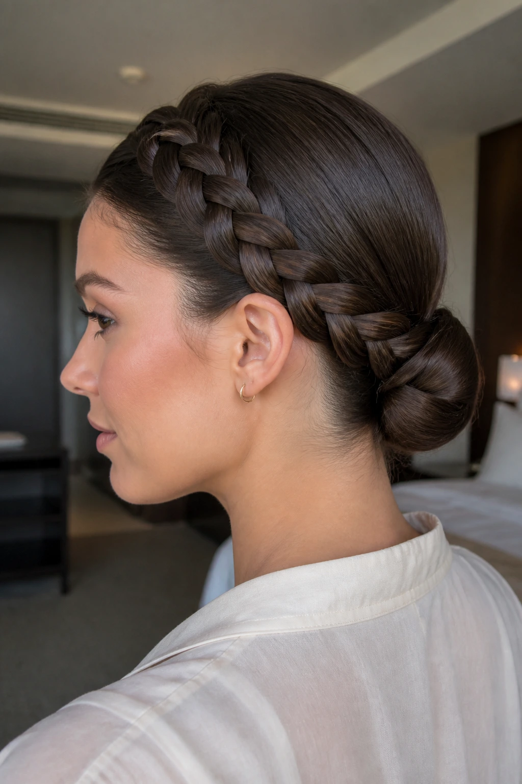 Profile of a real woman's sleek halo braid with a low bun in a modern hotel room