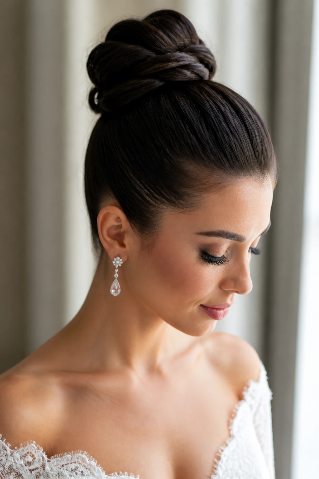 Close-up of a bride with a sleek high bun and exposed neck