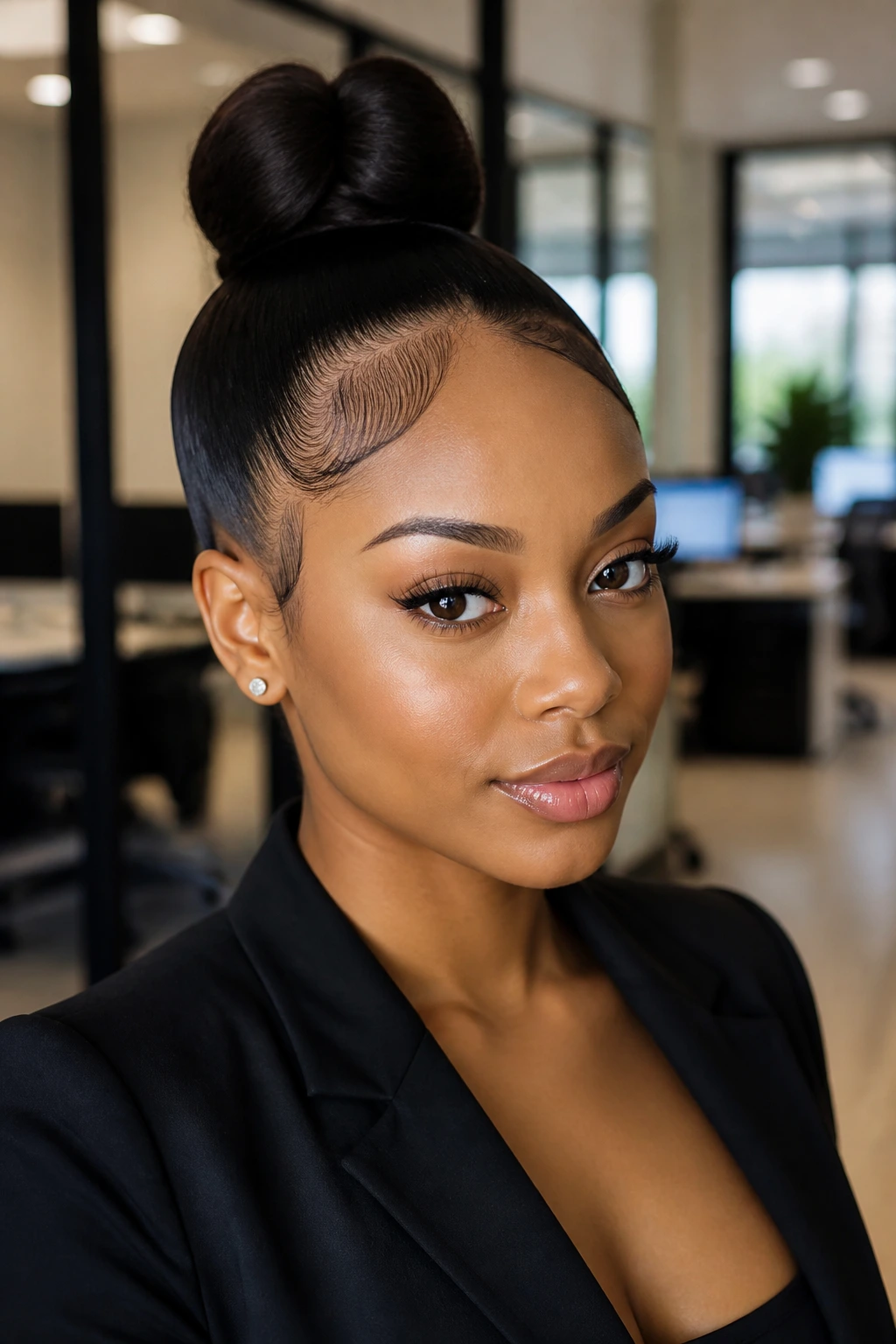 Portrait of a woman with a sleek high bun and edge finish