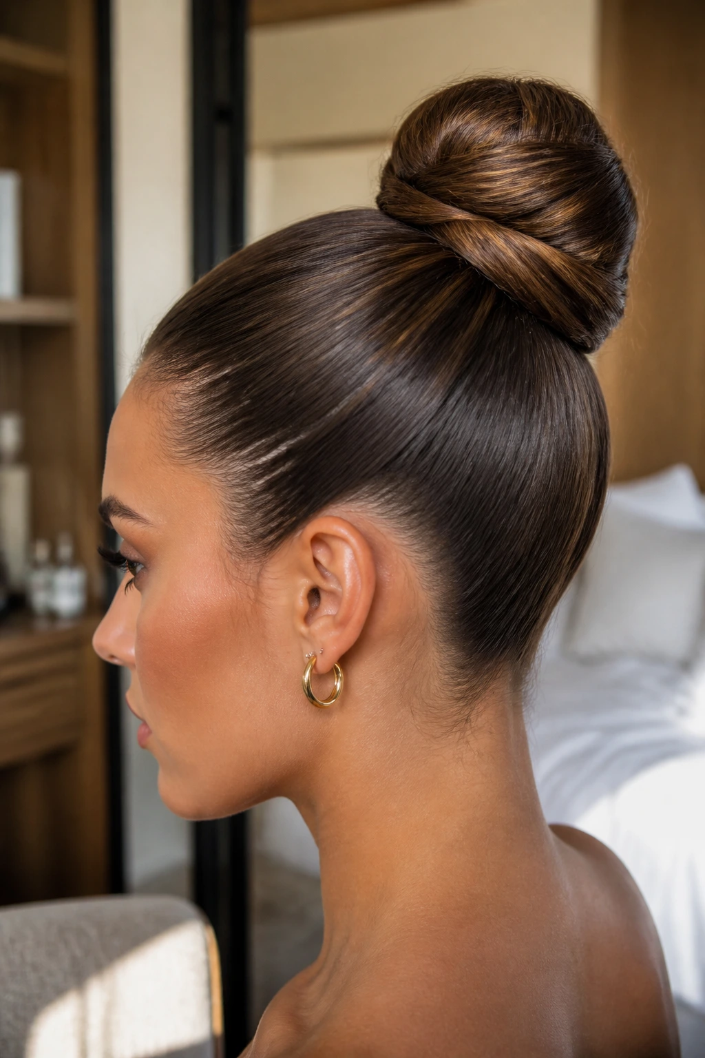 Close-up side profile of a real woman with a sleek high bun and flat base