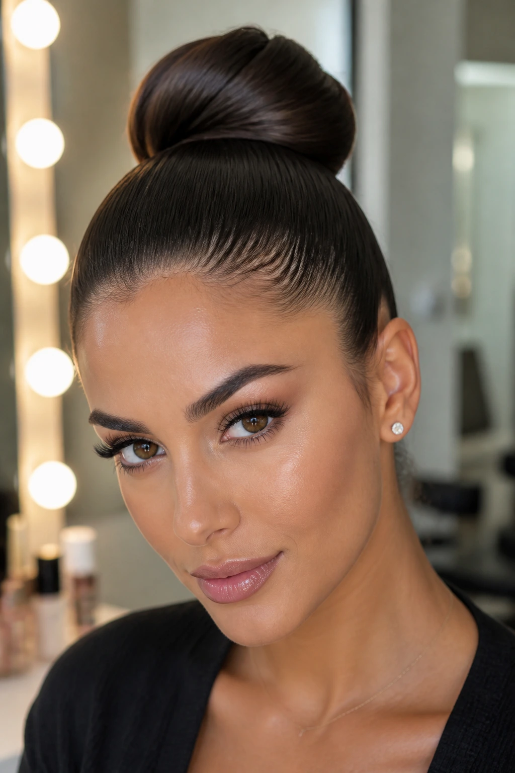 Close-up of a real woman with a sleek high bun on frizzy hair