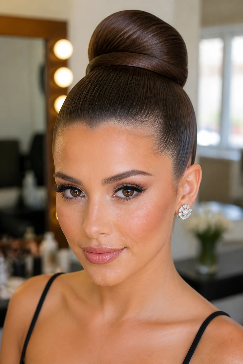 Sleek high bun on a real woman in a dressing room