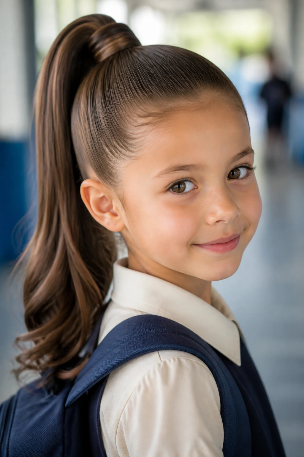 Close-up of a real girl with a sleek high ponytail and soft finish