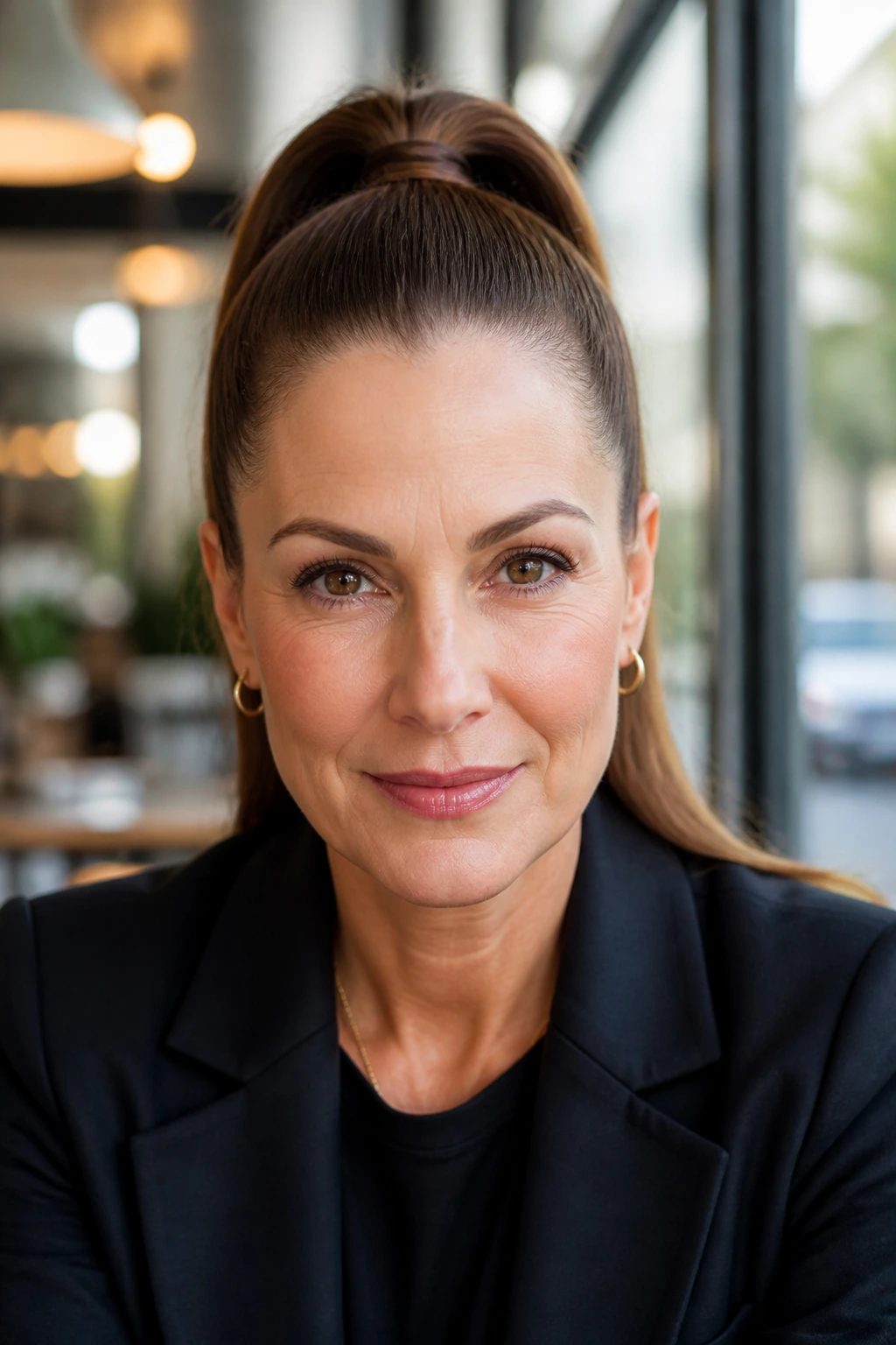 Real woman with a sleek high ponytail