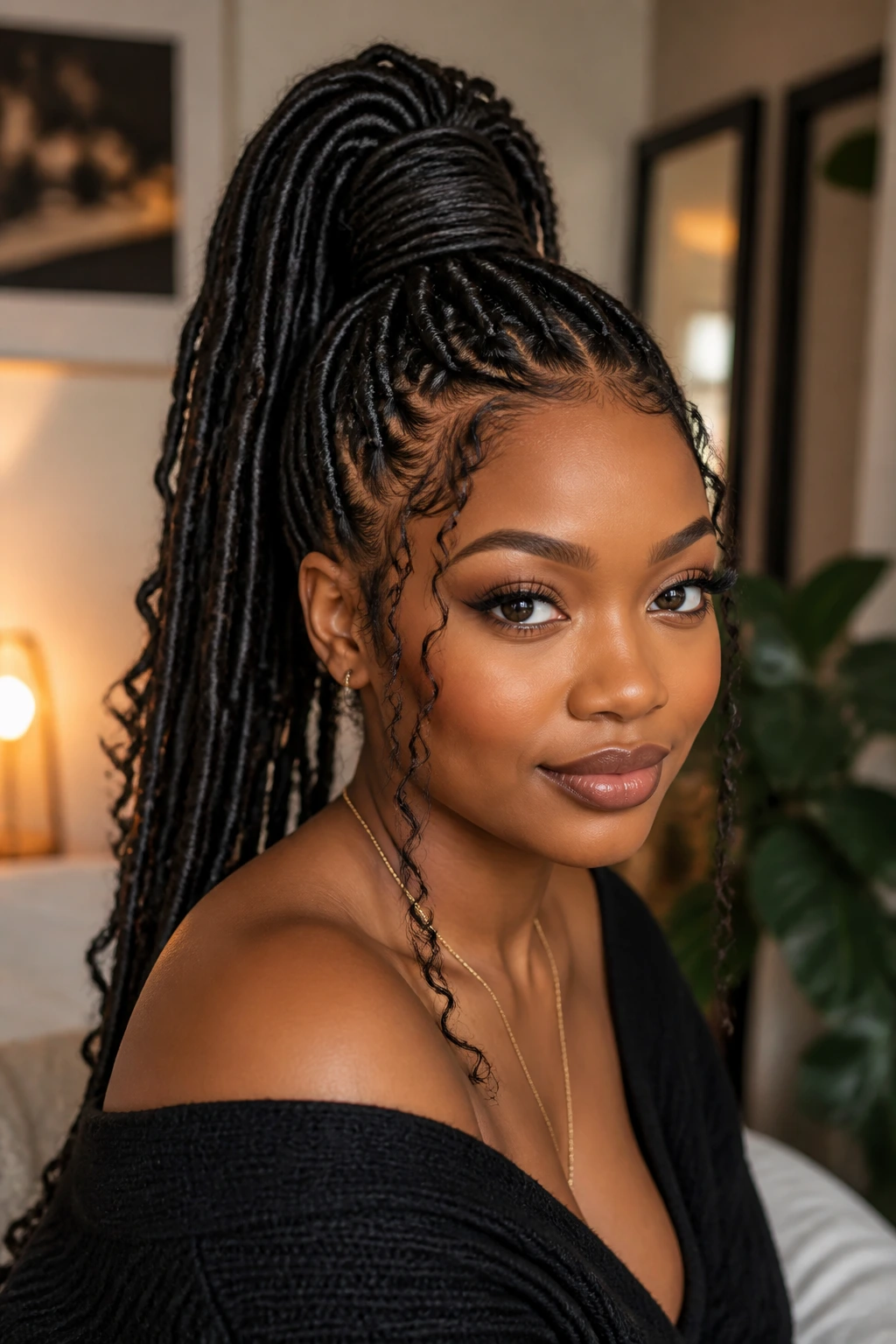 Real woman with sleek high ponytail goddess locs in a modern interior