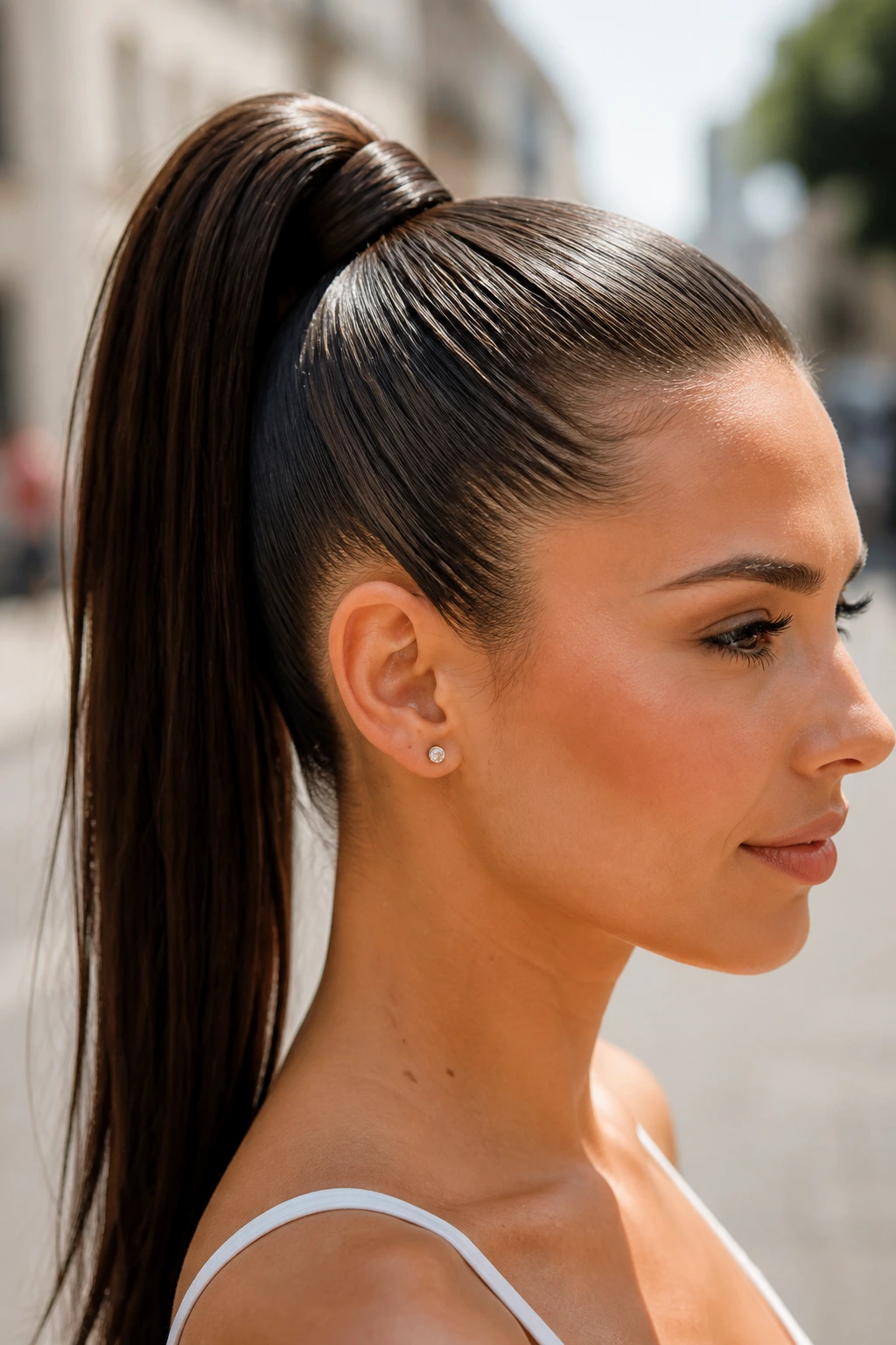 Portrait of a woman with a sleek high ponytail in natural light.