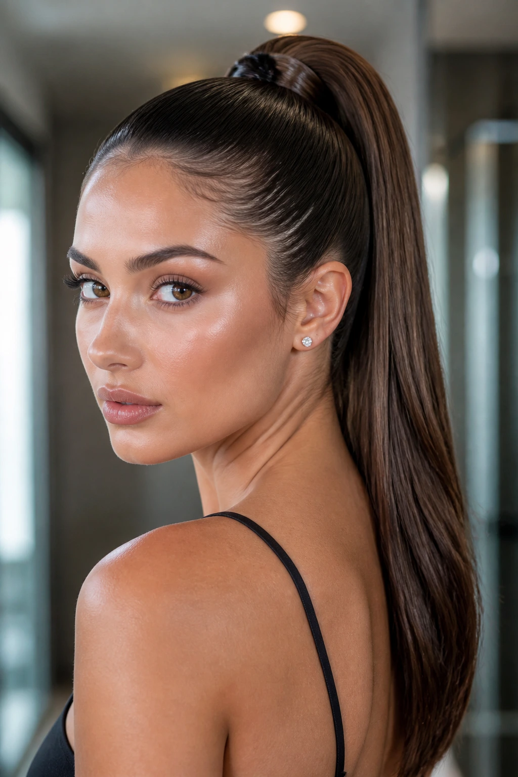 Close-up of a real woman with a sleek high ponytail under natural light
