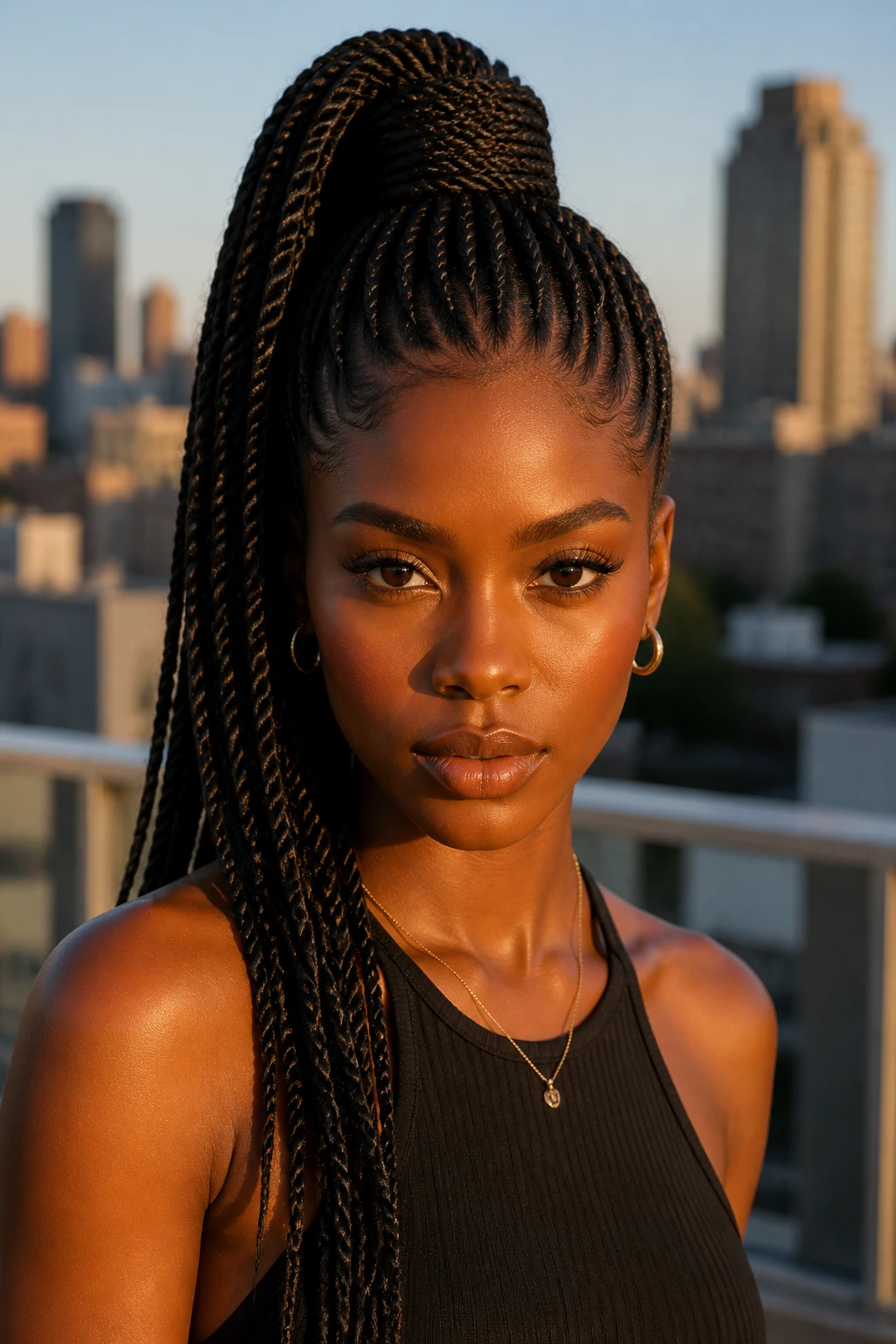 Portrait of a real woman with a sleek high ponytail of Senegalese twists against city backdrop