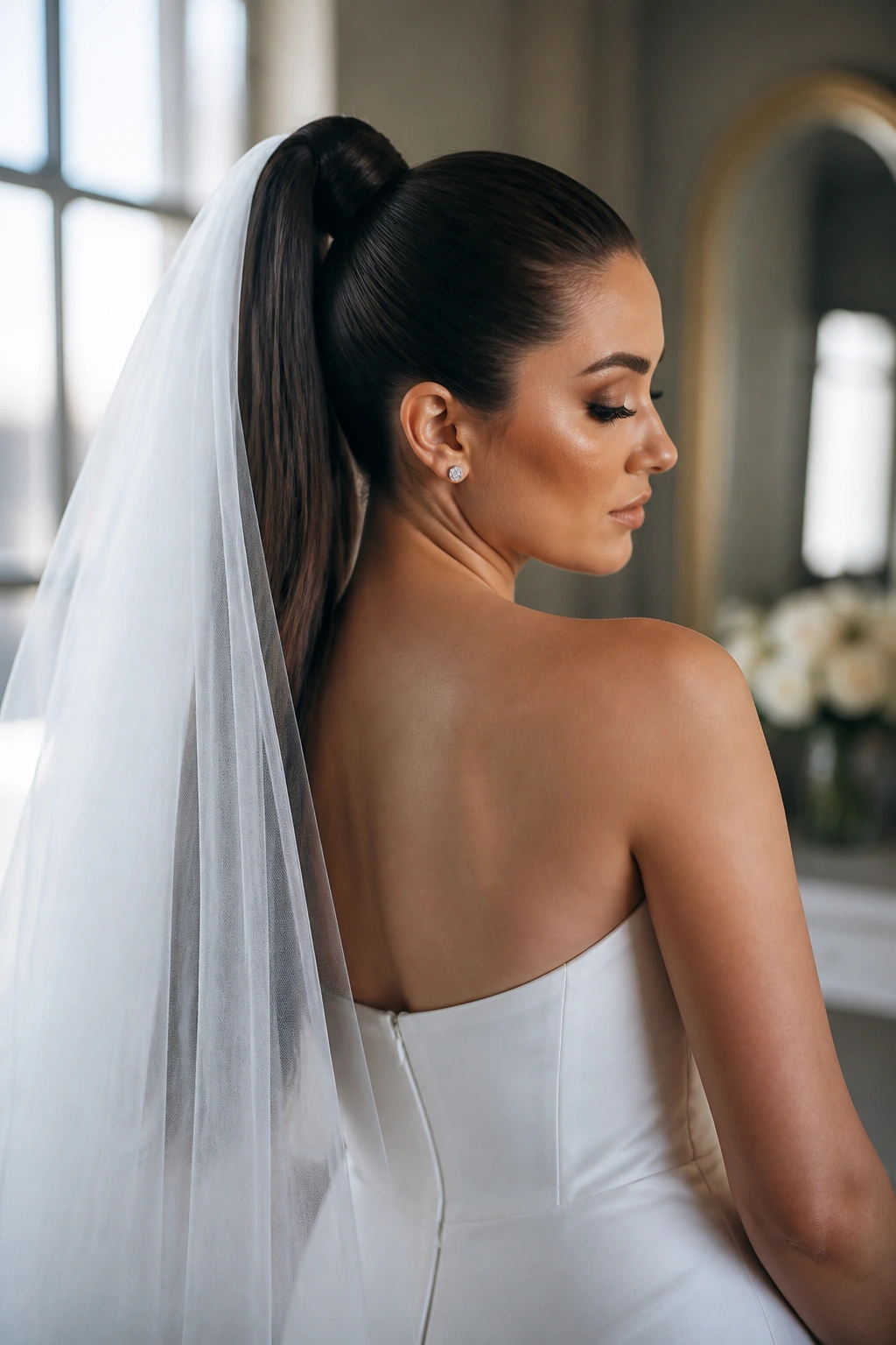 Portrait of a real bride with a sleek high ponytail and veil