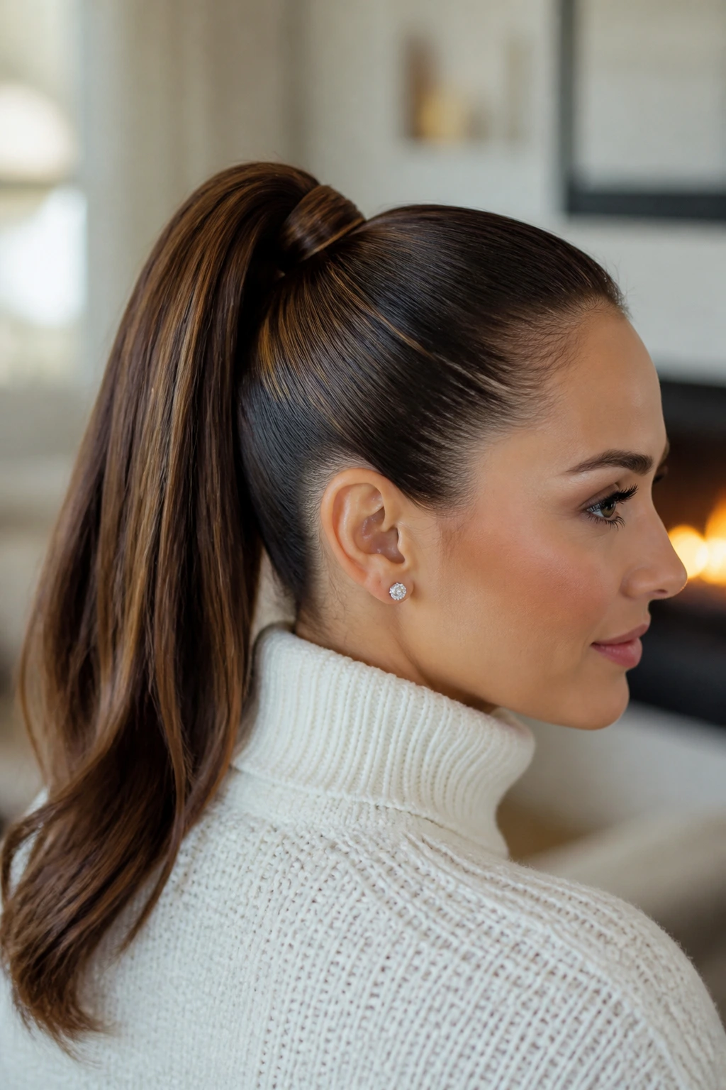 Close-up of a woman with a sleek high ponytail wrapped at the base