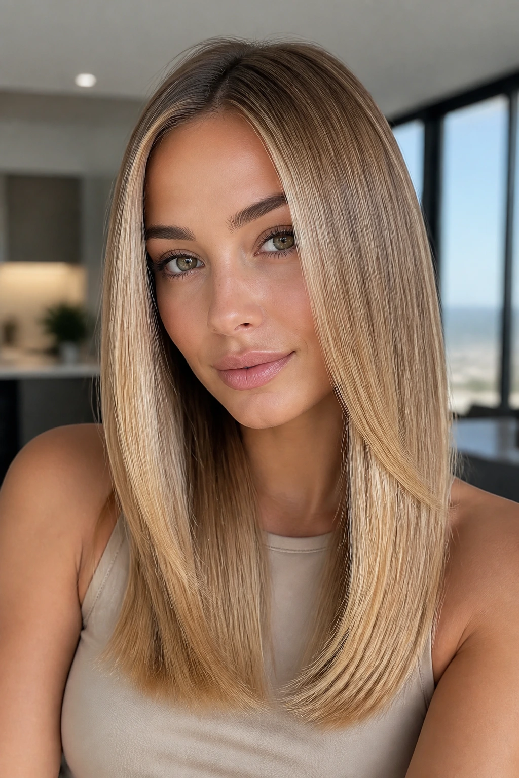 Real woman with sleek glossy honey blonde hair in a bright room