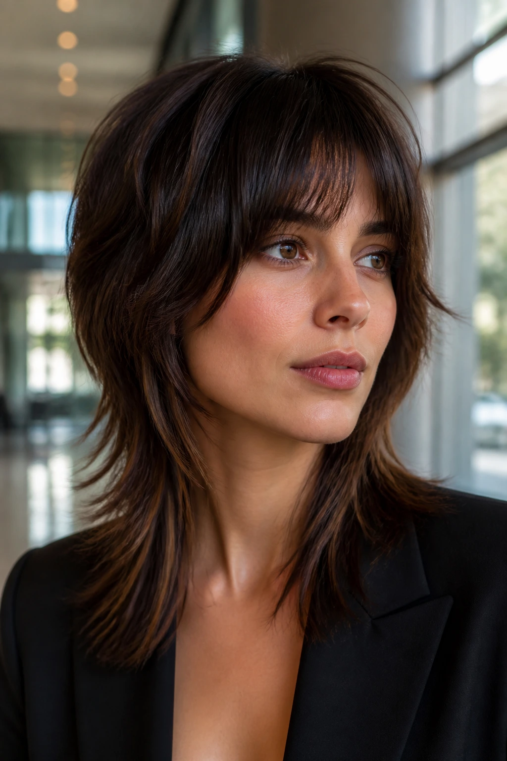 Close-up of a real woman with a sleek internal-texture wolf cut