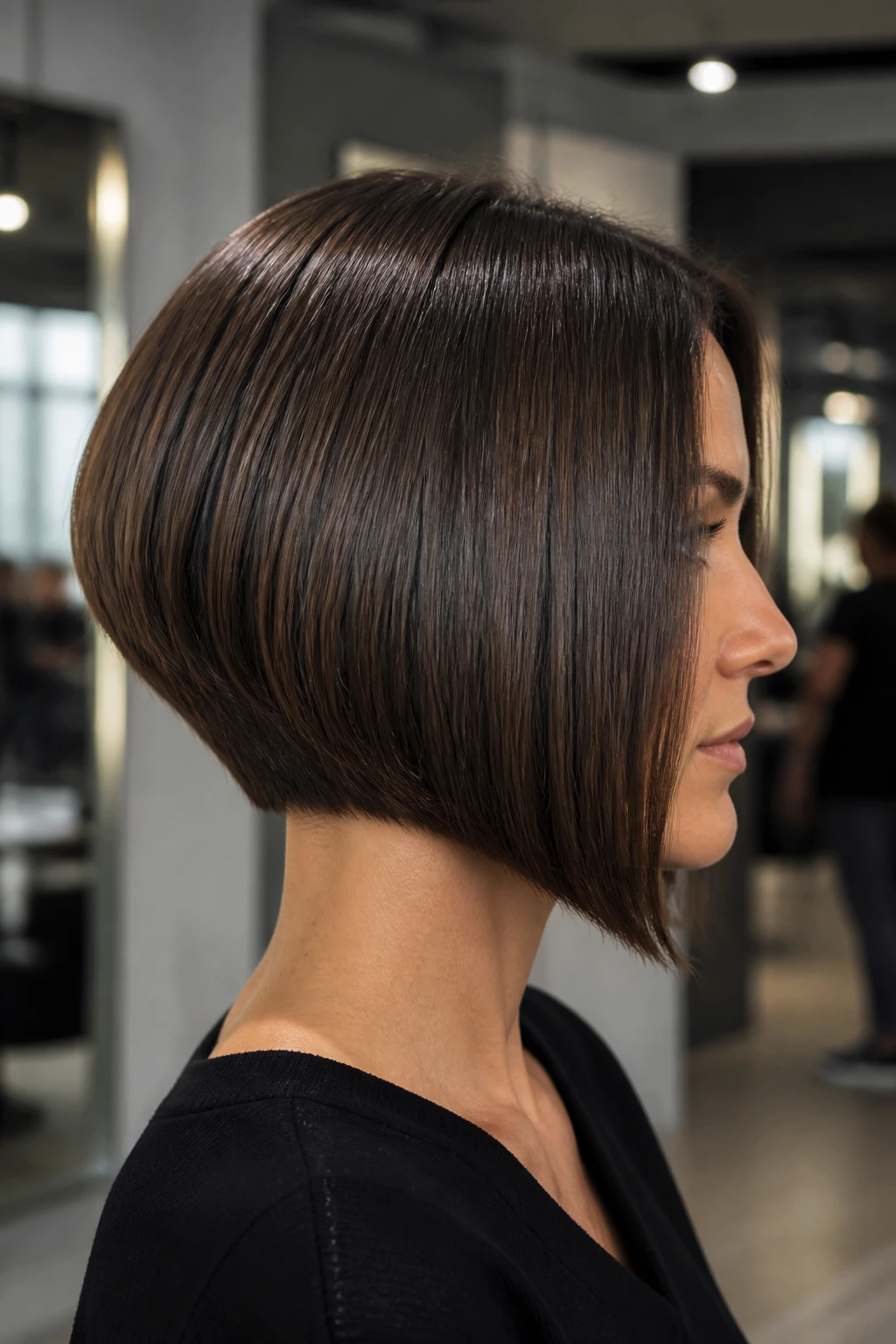 Real woman with sleek inverted stacked bob showing a sharp back curve