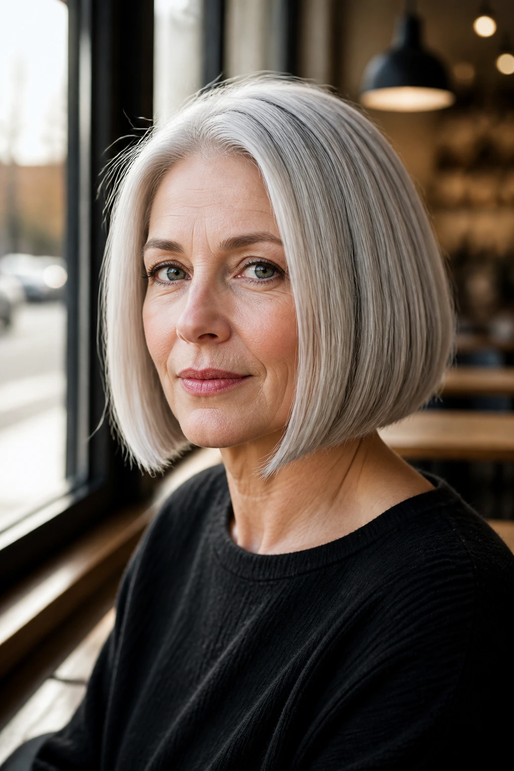 Real woman with sleek jaw-length cut showing crisp lines along the jaw.
