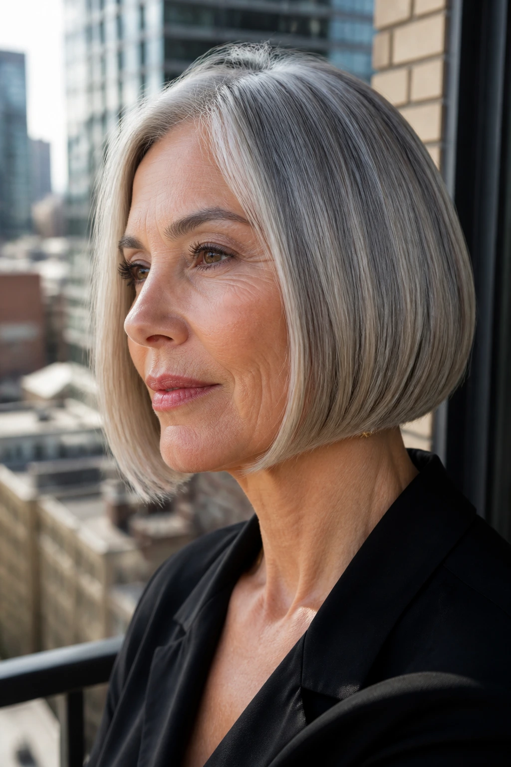 Close-up of a real woman with a sleek jawline bob.