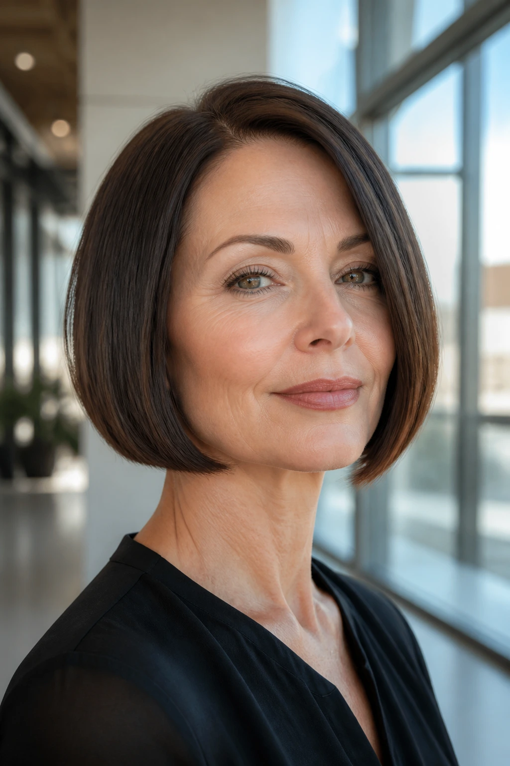 Close-up of a woman with a sleek jawline bob in a bright modern space