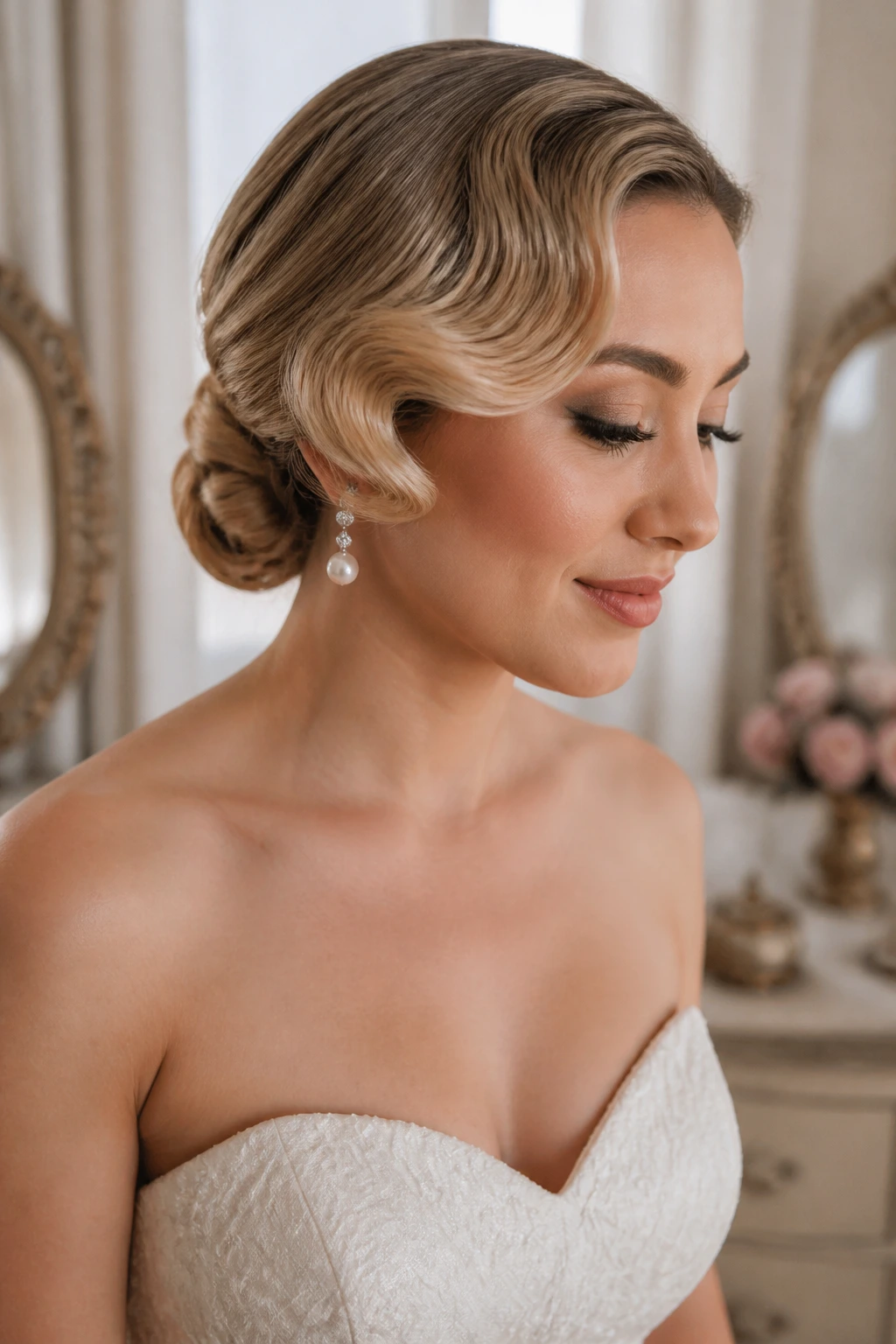 Bride with sleek knot and vintage waves.