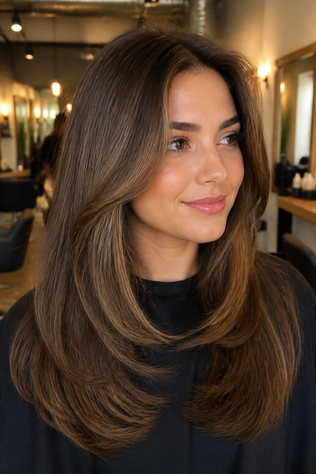 Real person with sleek layered blowout hairstyle.