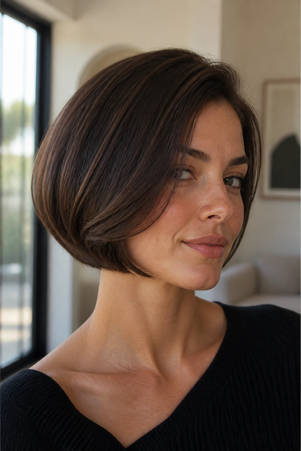 Portrait of a woman with a sleek layered bob