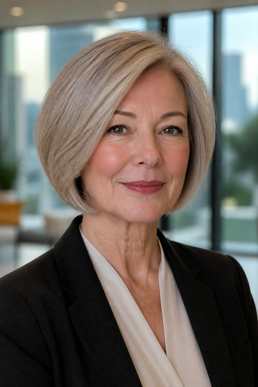 Close-up of a real woman with a sleek layered bob and hidden internal layers.