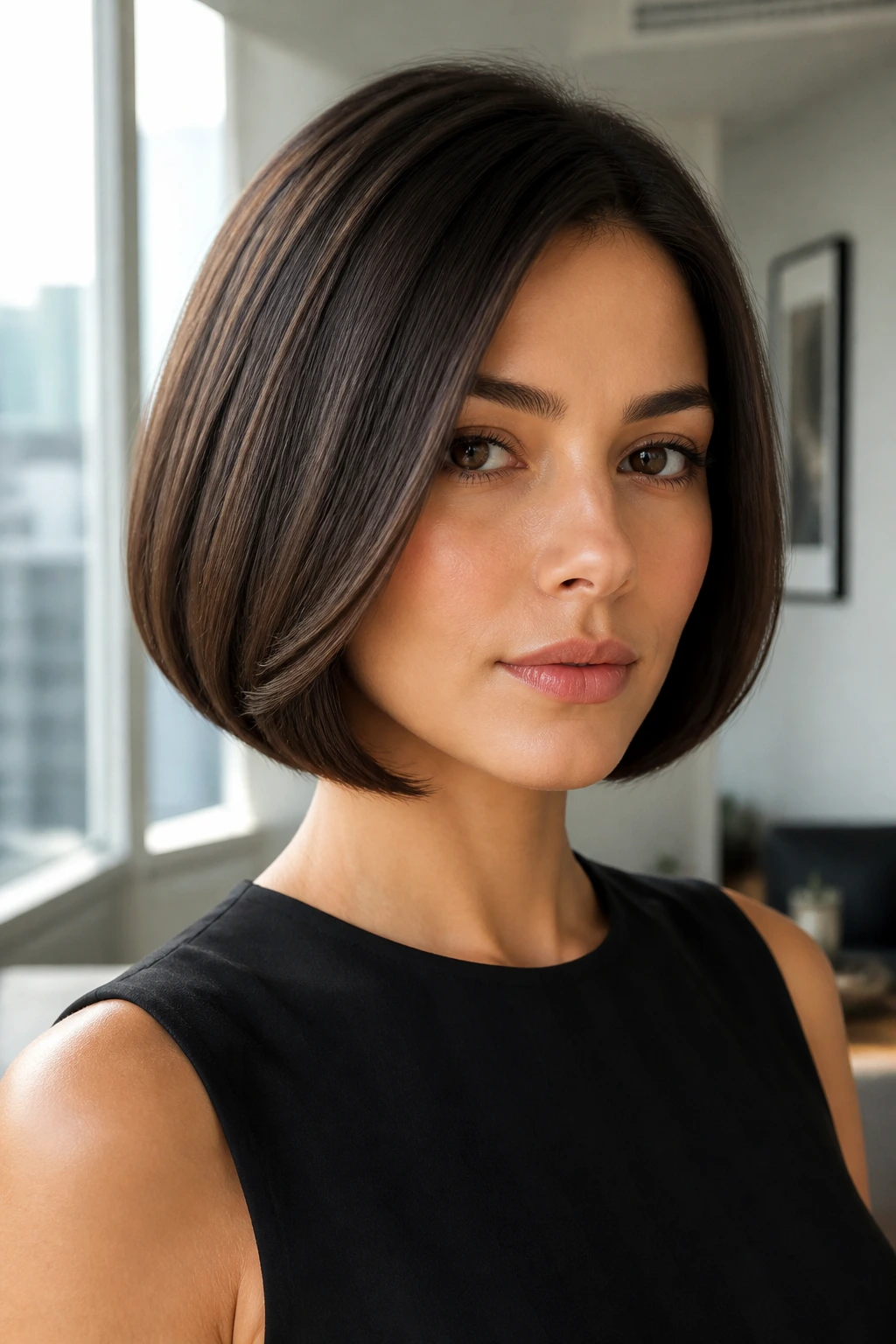 Portrait of real woman with sleek layered bob and tucked-under ends.
