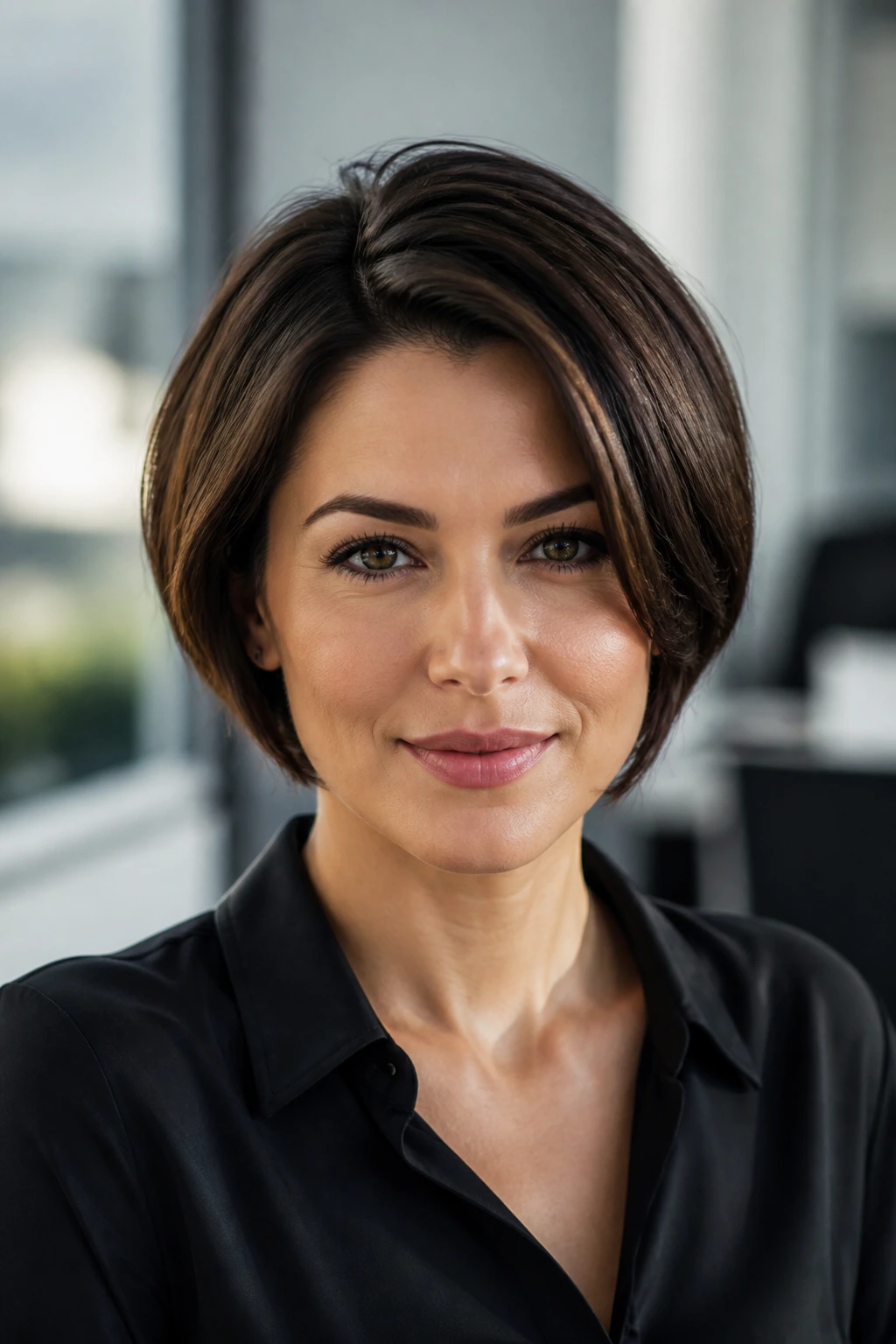 Close-up of a woman with a sleek layered crop and tucked ends in an office setting