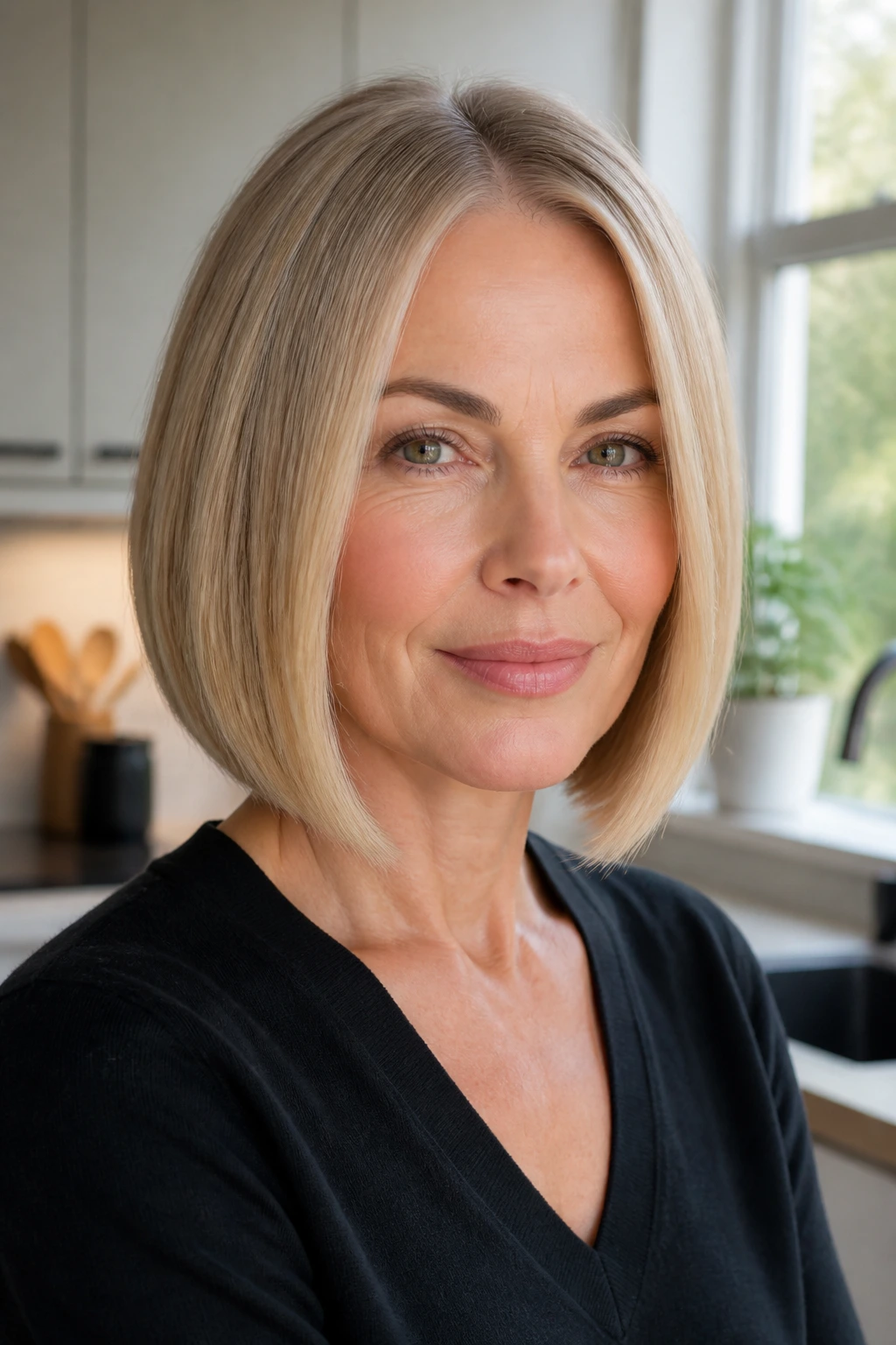 Close-up of a real woman with a sleek layered lob and tucked under ends