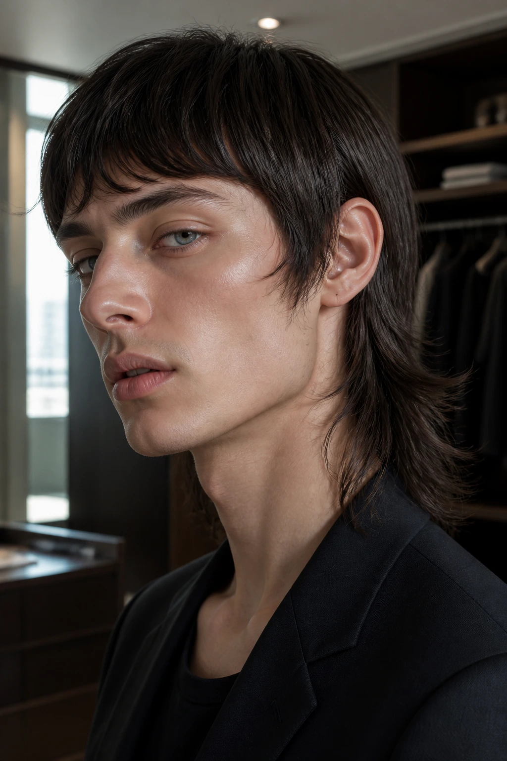 Portrait of real person with sleek layered mullet in a bright office setting.