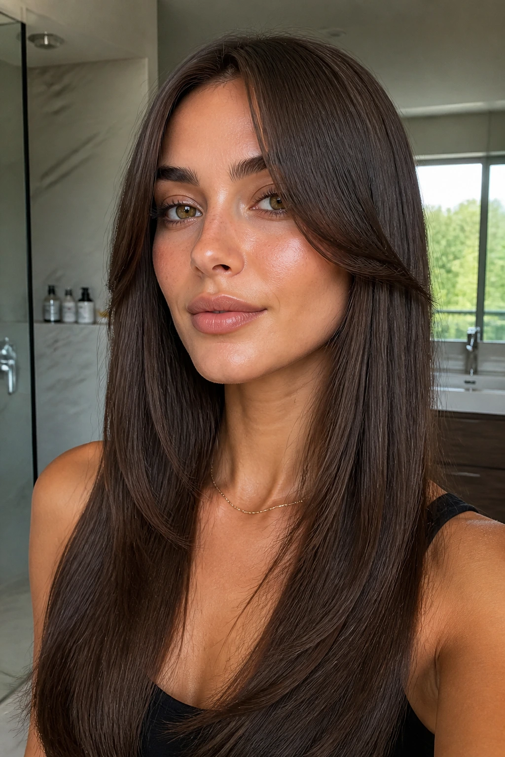 Portrait of a woman with sleek straight hair and soft curtain bangs near the cheekbones in a bright bathroom.