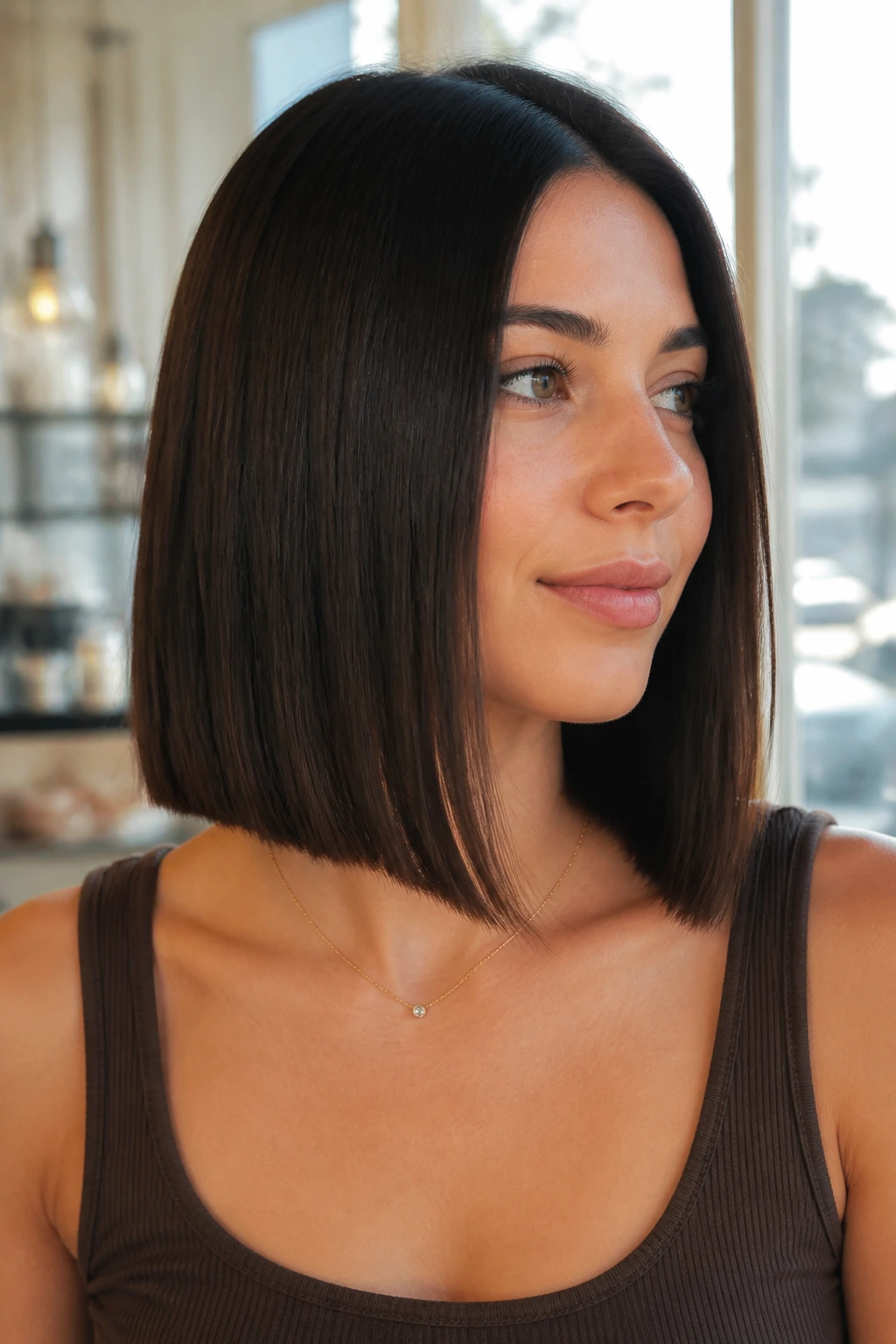 Portrait of woman with sleek collarbone-length lob in bright interior light.