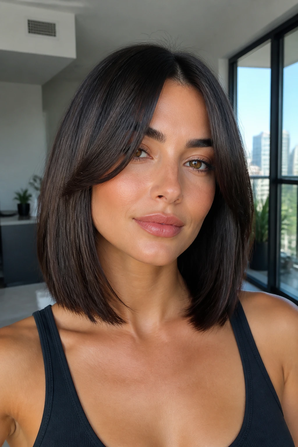 Close-up portrait of a real woman with sleek center-part lob and polished curtain bangs