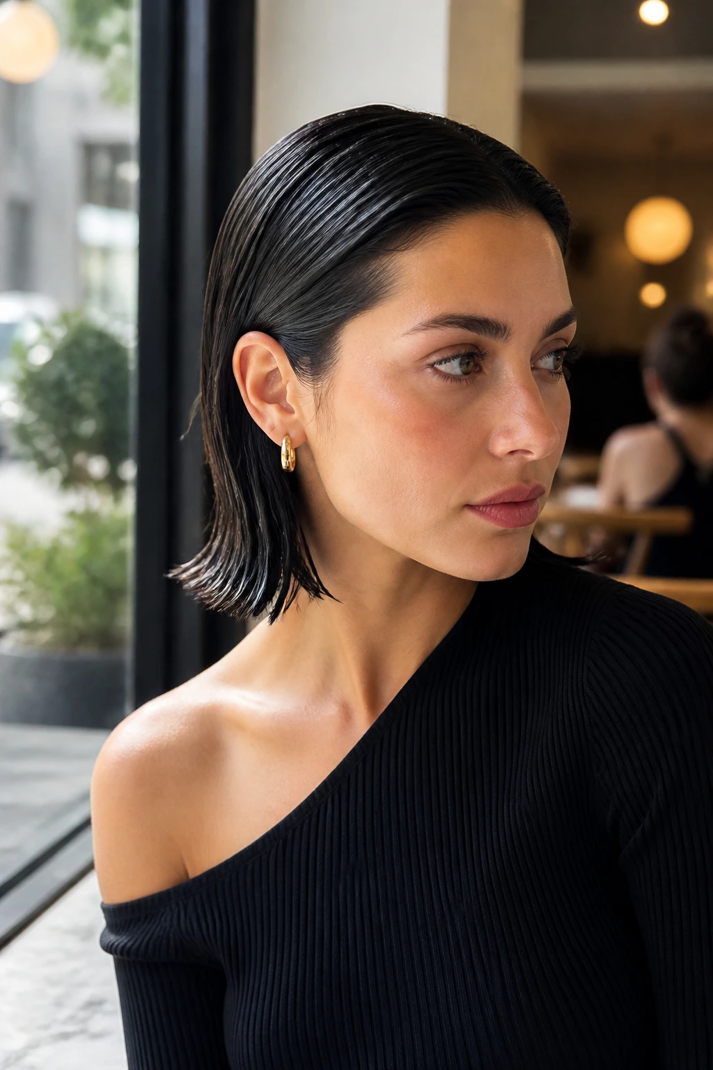 Close-up of a real person with sleek wet lob tucked behind the ears