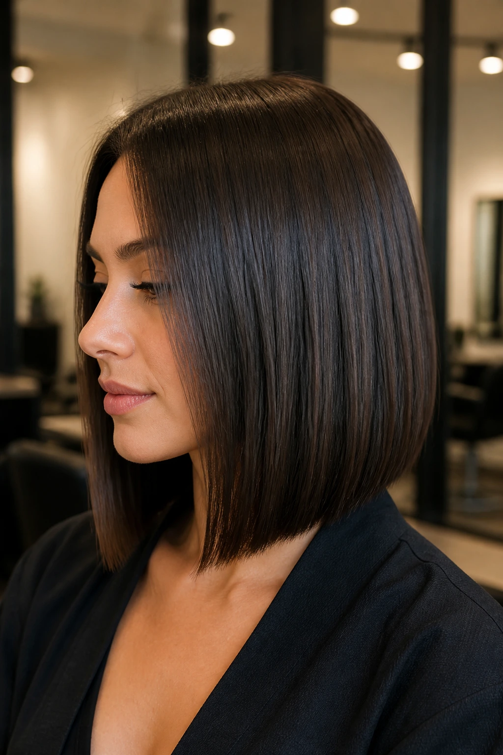 Close-up portrait of a real woman with a sleek lob and hidden weight line in a modern salon.