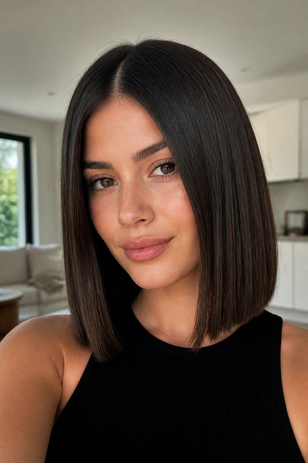 Portrait of a real woman with a sleek middle-part lob and blunt ends in a modern apartment.