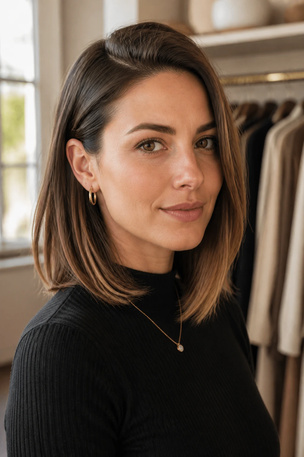 Portrait of a woman showing a sleek lob with a crisp side part.