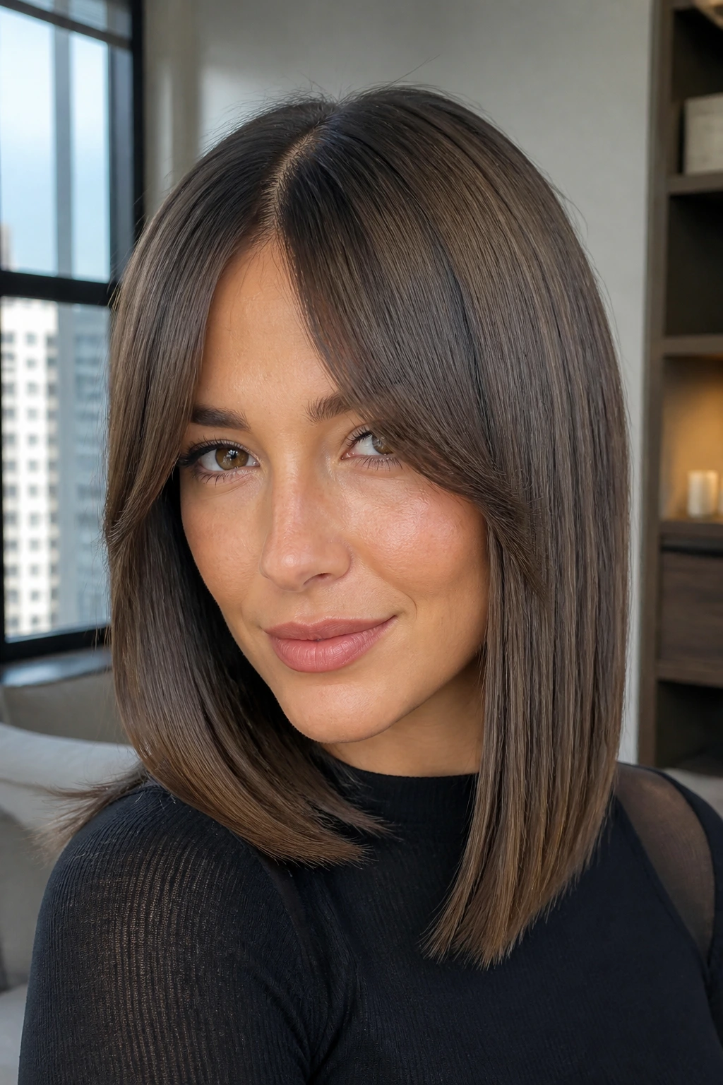 Close-up of a woman with sleek middle-part lob and bottleneck bangs in soft daylight.