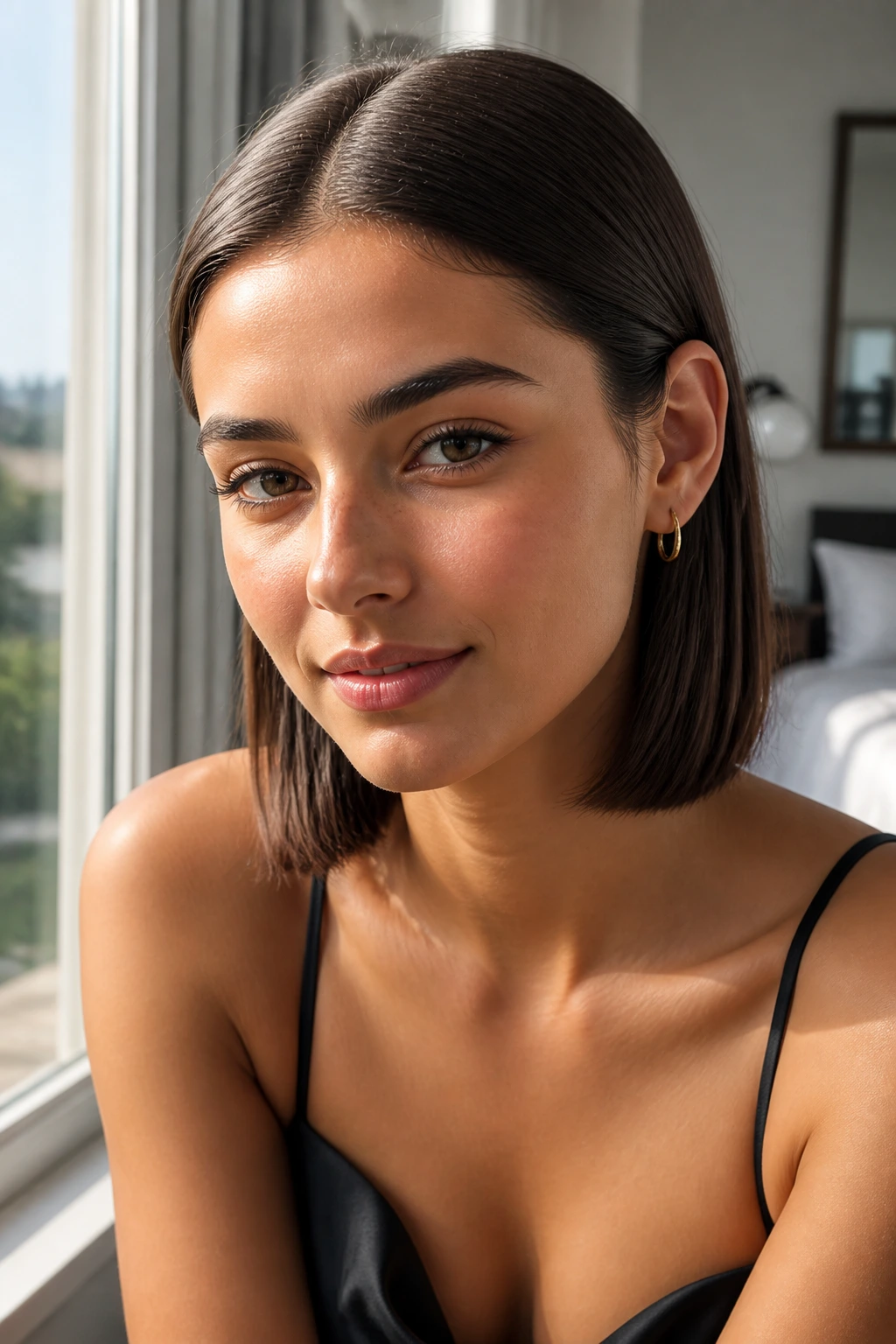 Close-up of a sleek lob with ears tucked behind for a polished look