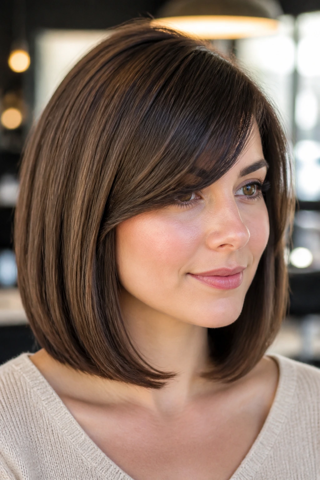 Close-up of a real woman with Sleek Lob With Side Bangs and Tucked Ends in a modern salon