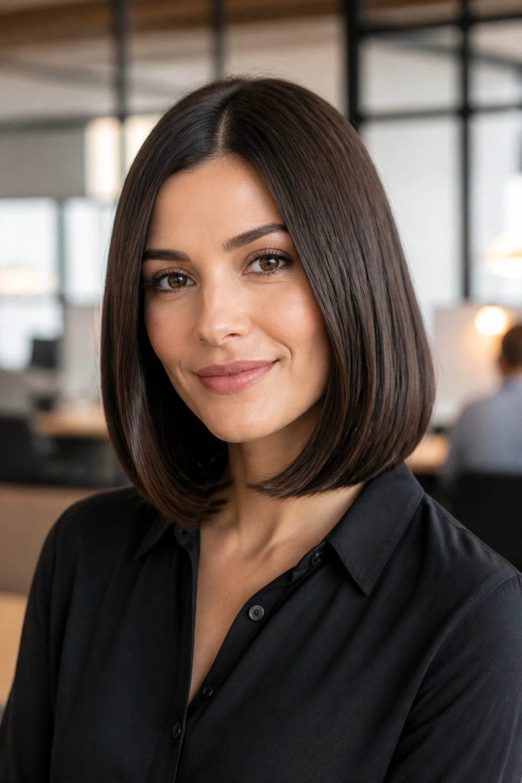 Close-up of a real person with a sleek lob and tucked ends, glossy hair