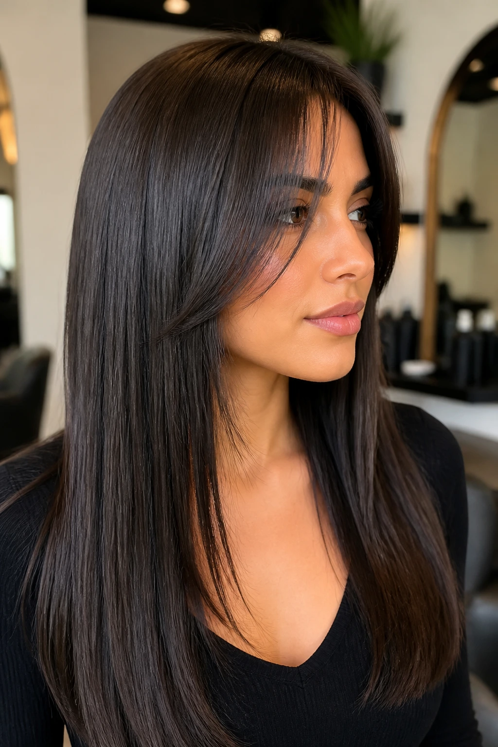 Close-up of a real woman with a sleek long cut and broken front pieces in a modern salon.