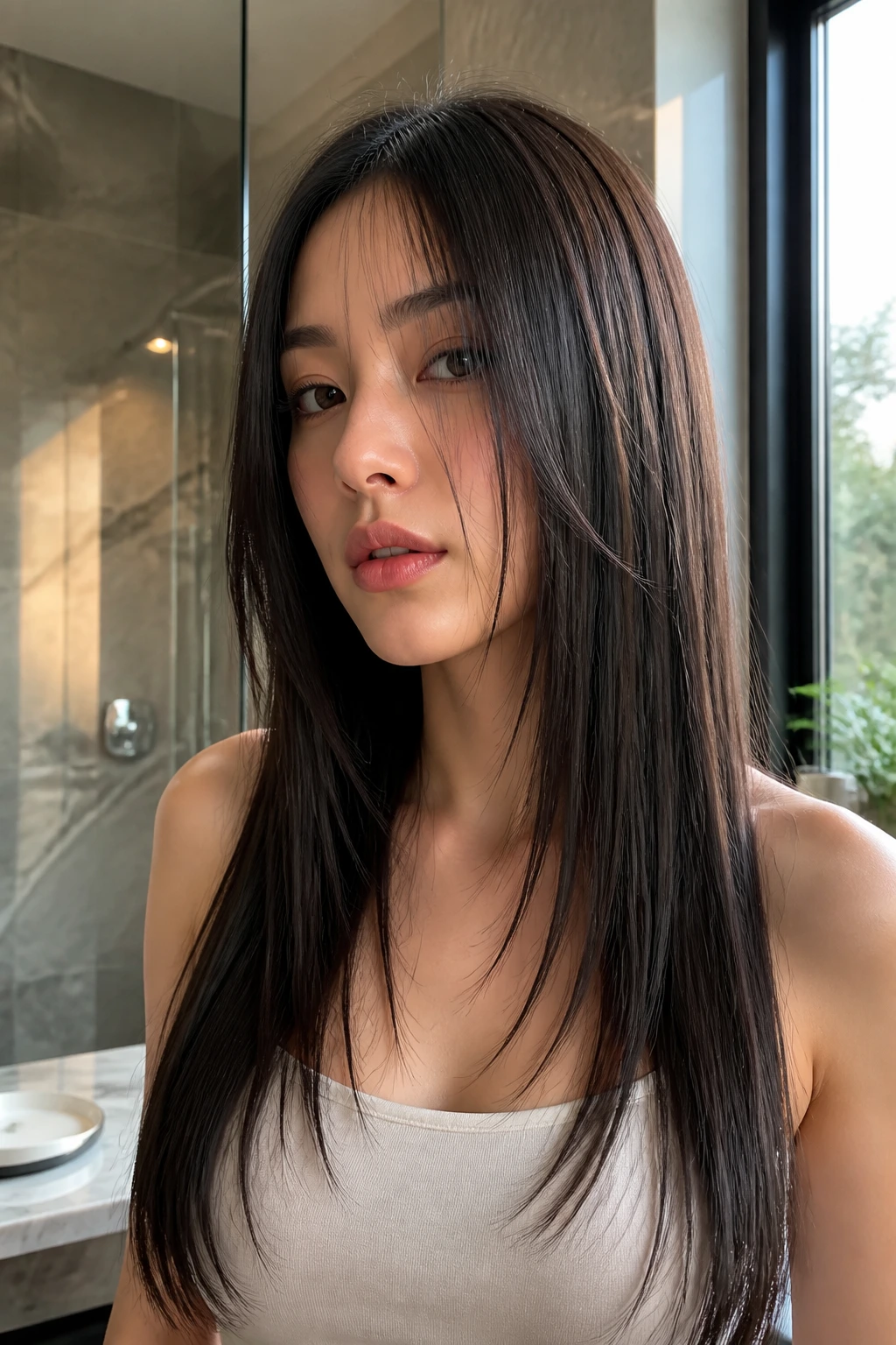 Close-up of a real person with sleek long hair and choppy micro-ends
