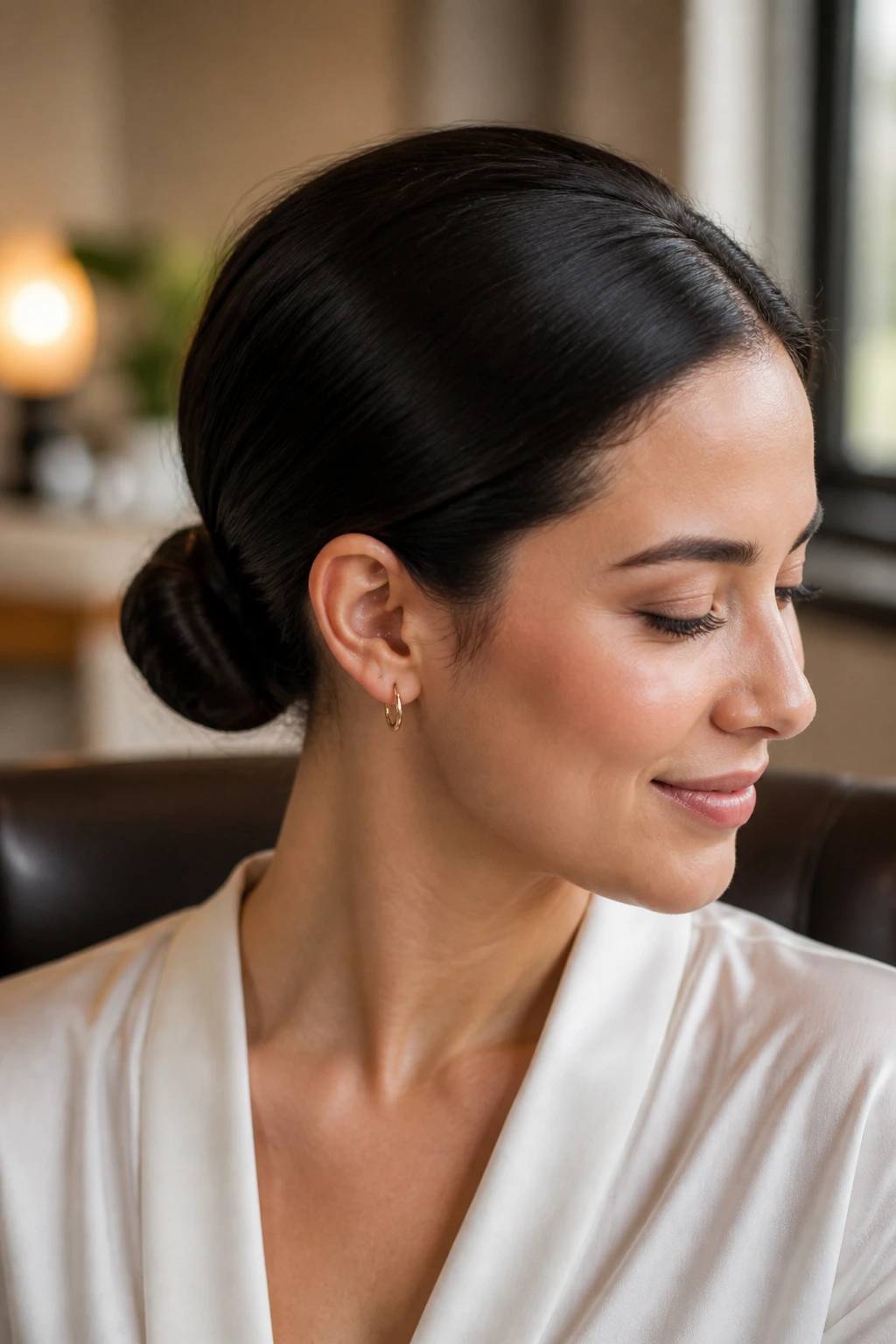 Close-up of a woman with a sleek low bun at the nape in warm indoor light