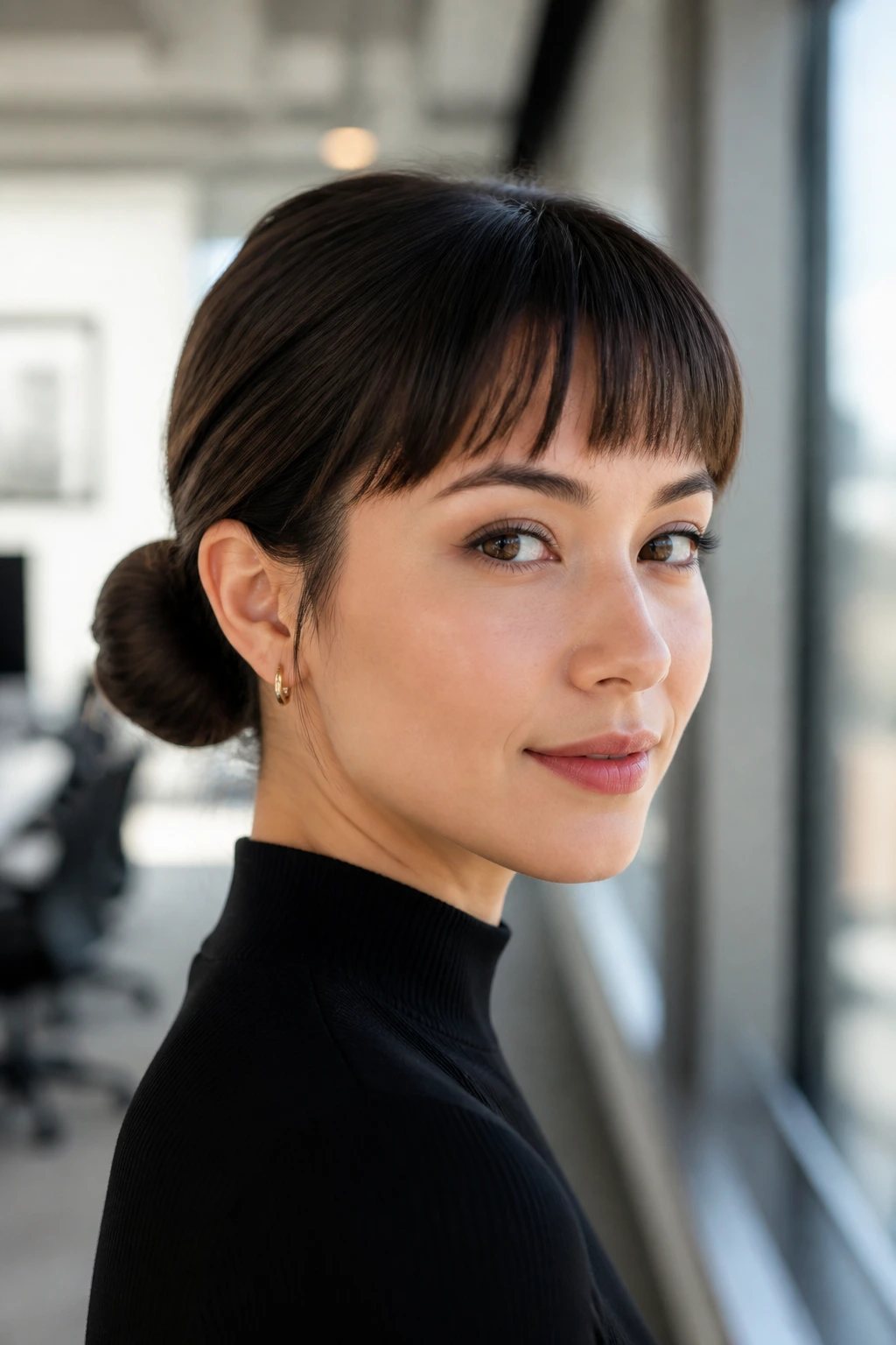 Real woman with choppy bangs and a sleek low bun in office lighting