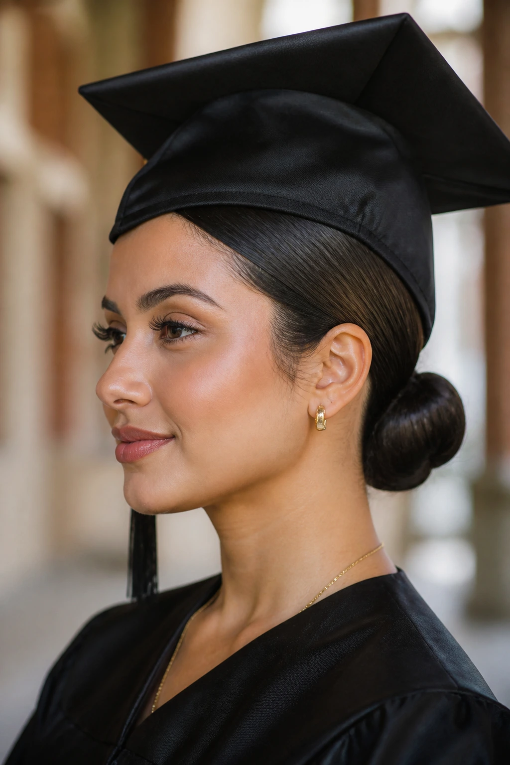 Close-up of a graduate with a sleek low bun under a cap