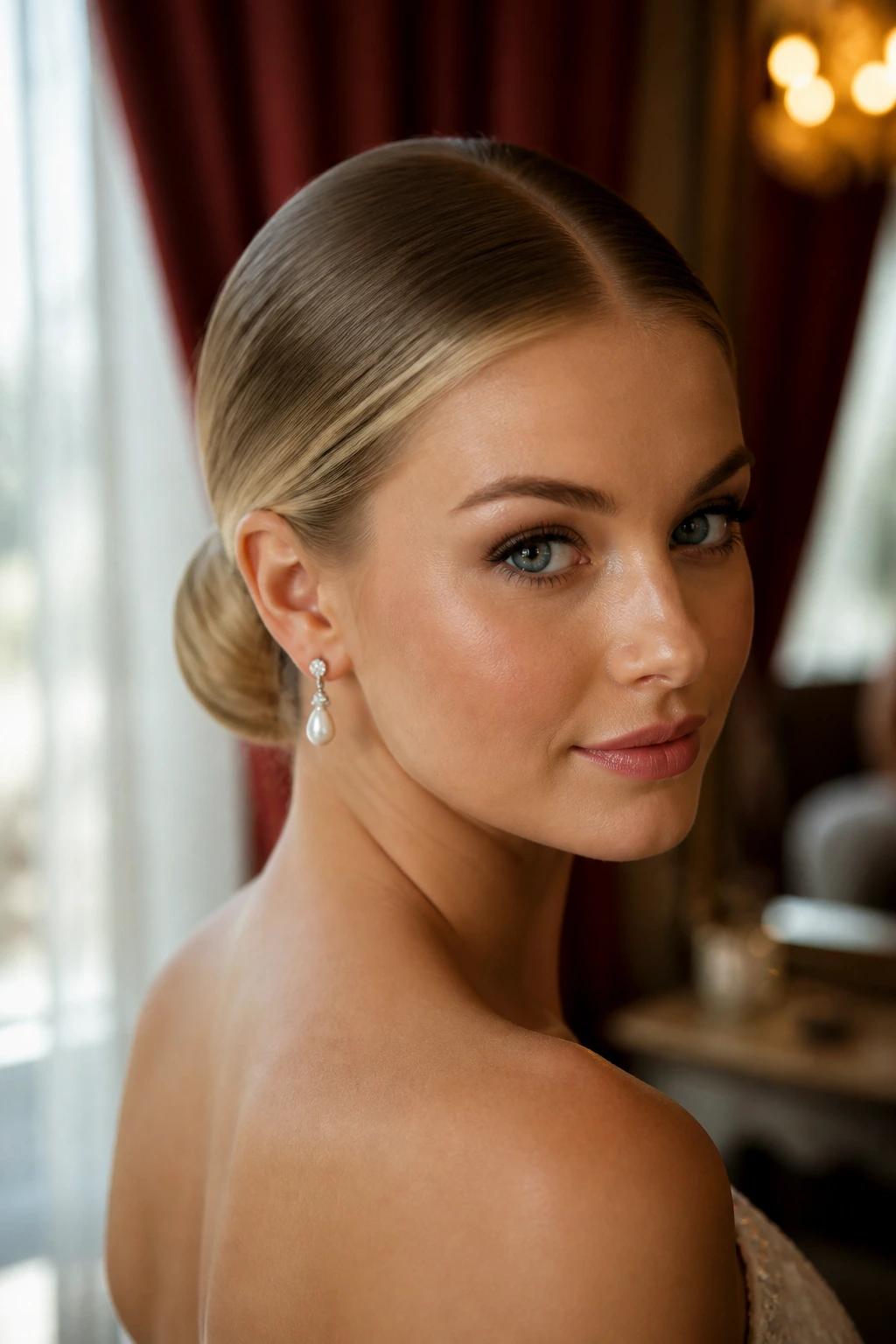 Close-up of woman with sleek low bun and center part